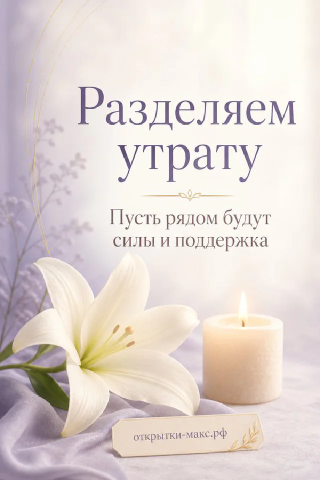 Белая лилия и горящая свеча на светло-зелёном фоне с надписью «Разделяем утрату» — вариант 8