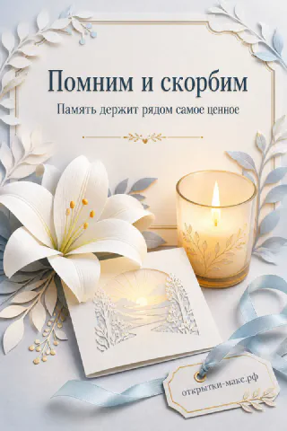 Белая лилия и стеклянная свеча на бумажной открытке с голубыми листьями и лентой