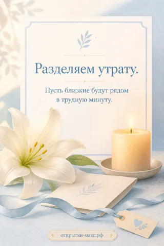Белая лилия, горящая свеча и конверт с запиской «Разделяем утрату» на голубом фоне