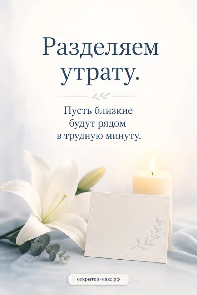 Белая лилия, горящая свеча и конверт с запиской «Разделяем утрату» на голубом фоне — вариант 2