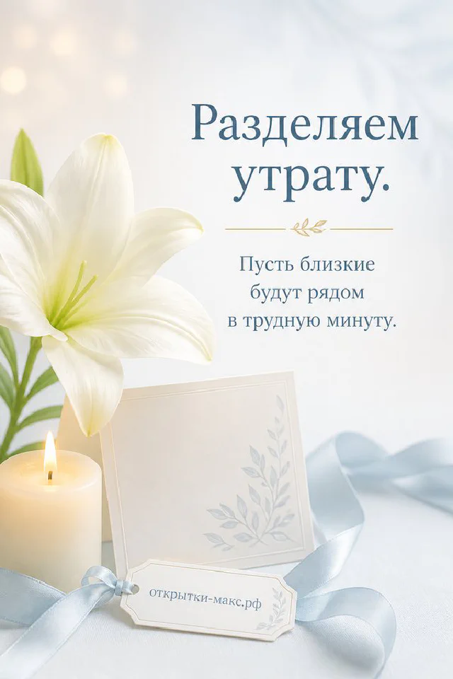 Белая лилия, горящая свеча и конверт с запиской «Разделяем утрату» на голубом фоне — вариант 3