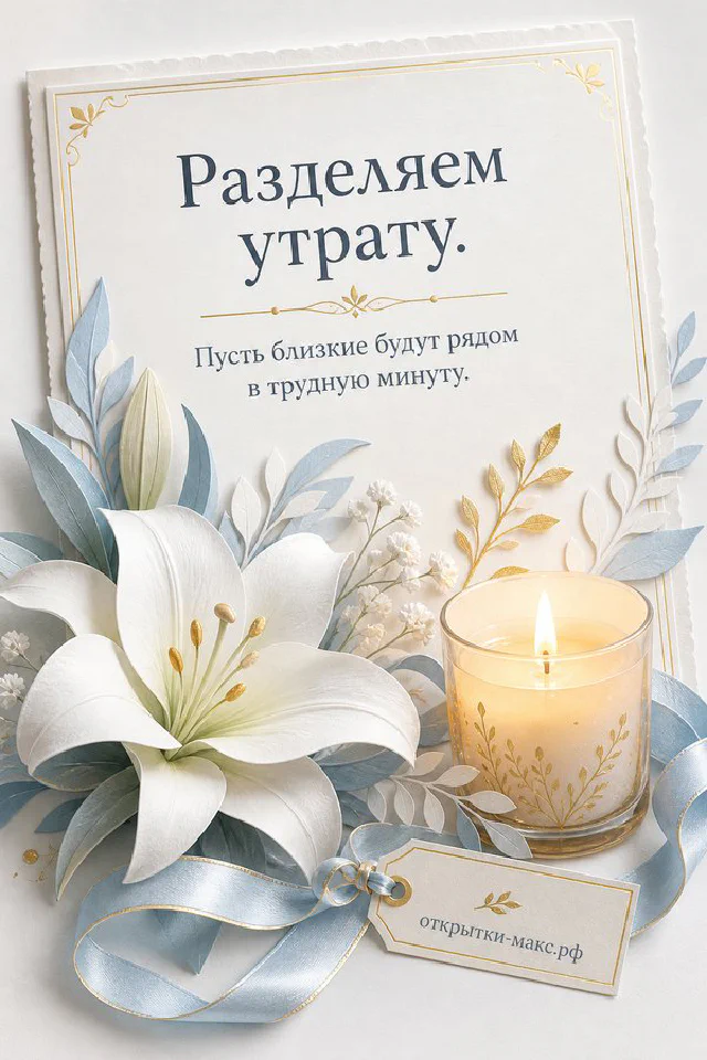 Белая лилия, горящая свеча и конверт с запиской «Разделяем утрату» на голубом фоне — вариант 4