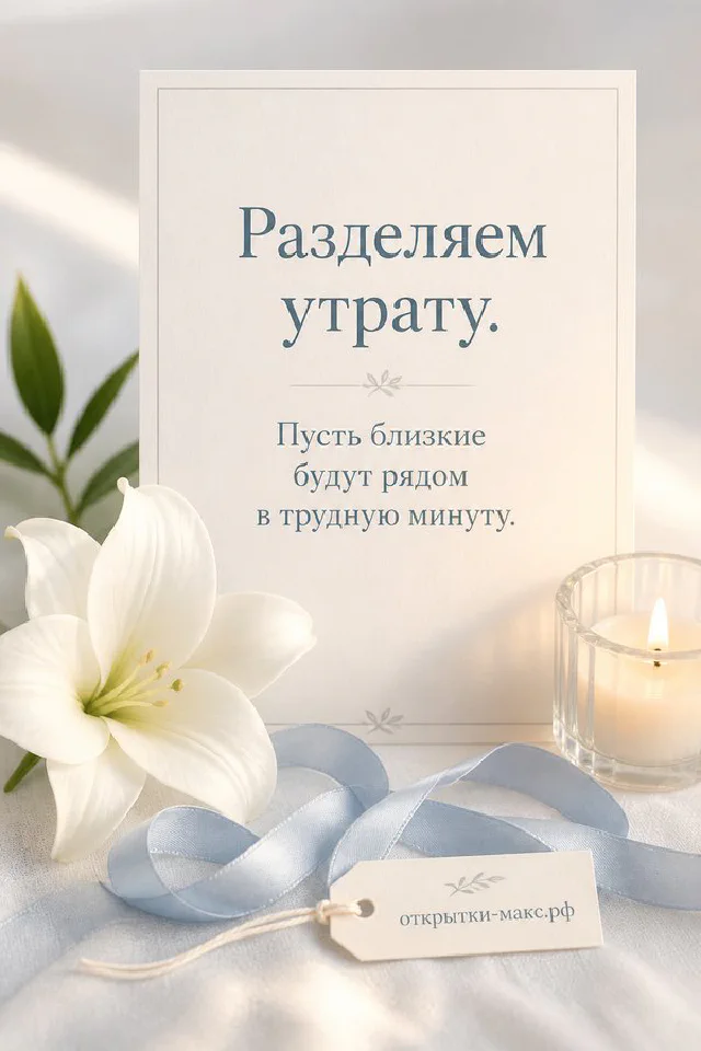 Белая лилия, горящая свеча и конверт с запиской «Разделяем утрату» на голубом фоне — вариант 5