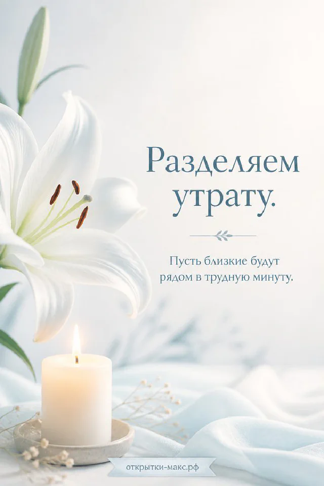 Белая лилия, горящая свеча и конверт с запиской «Разделяем утрату» на голубом фоне — вариант 6
