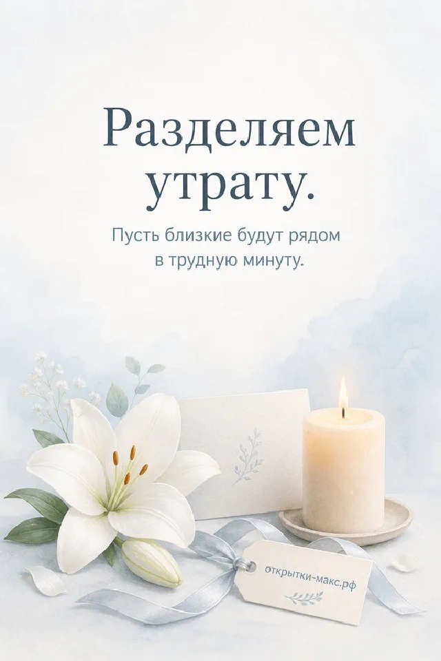 Белая лилия, горящая свеча и конверт с запиской «Разделяем утрату» на голубом фоне — вариант 7
