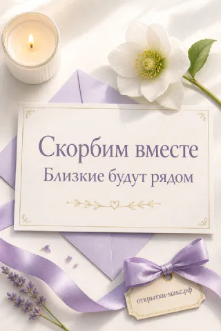 Открытка соболезнования «Скорбим вместе» с белой горящей свечой, белым цветком и лиловой лентой на светлом фоне