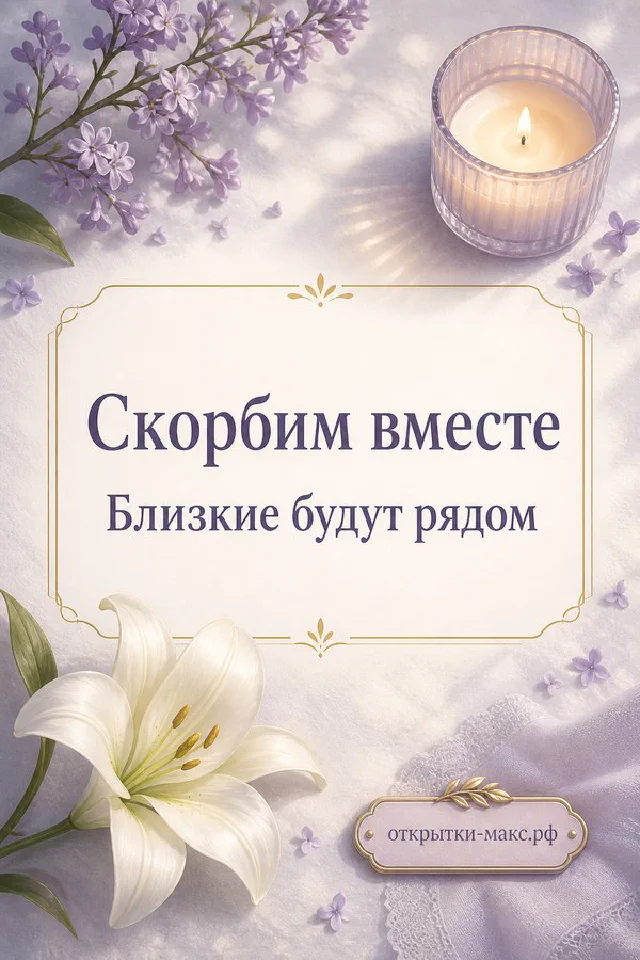 Открытка соболезнования «Скорбим вместе» с белой горящей свечой, белым цветком и лиловой лентой на светлом фоне — вариант 2