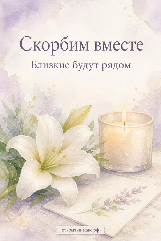 Открытка соболезнования «Скорбим вместе» с белой горящей свечой, белым цветком и лиловой лентой на светлом фоне — вариант 3