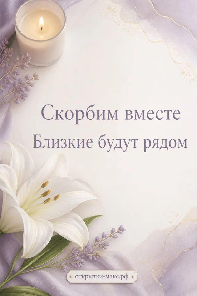Открытка соболезнования «Скорбим вместе» с белой горящей свечой, белым цветком и лиловой лентой на светлом фоне — вариант 4