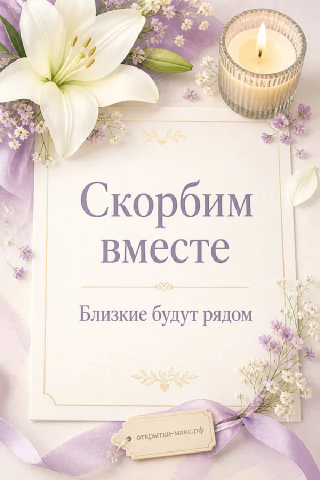 Открытка соболезнования «Скорбим вместе» с белой горящей свечой, белым цветком и лиловой лентой на светлом фоне — вариант 5