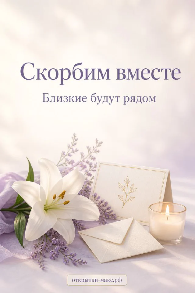 Открытка соболезнования «Скорбим вместе» с белой горящей свечой, белым цветком и лиловой лентой на светлом фоне — вариант 6