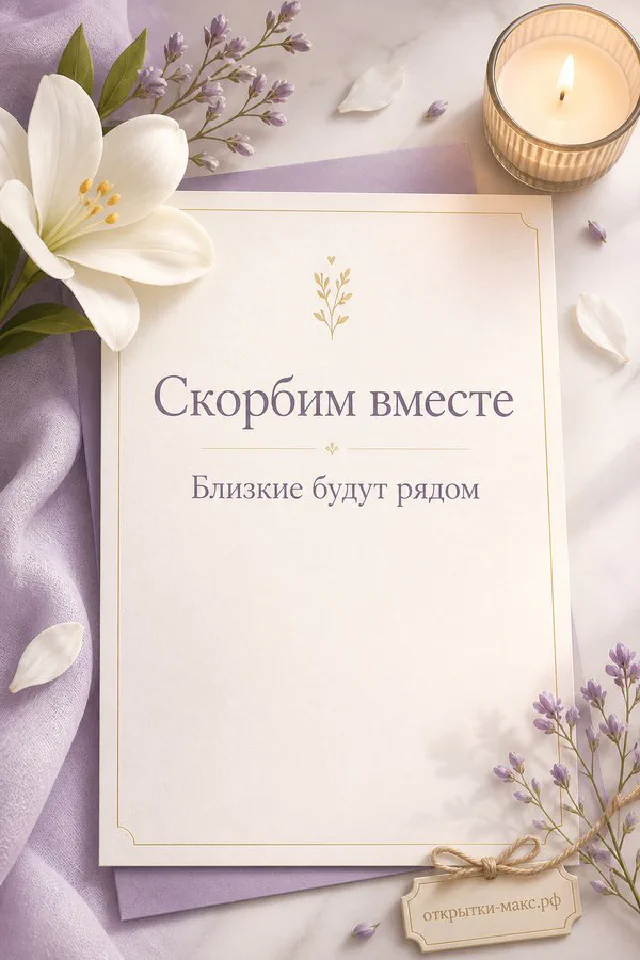 Открытка соболезнования «Скорбим вместе» с белой горящей свечой, белым цветком и лиловой лентой на светлом фоне — вариант 7