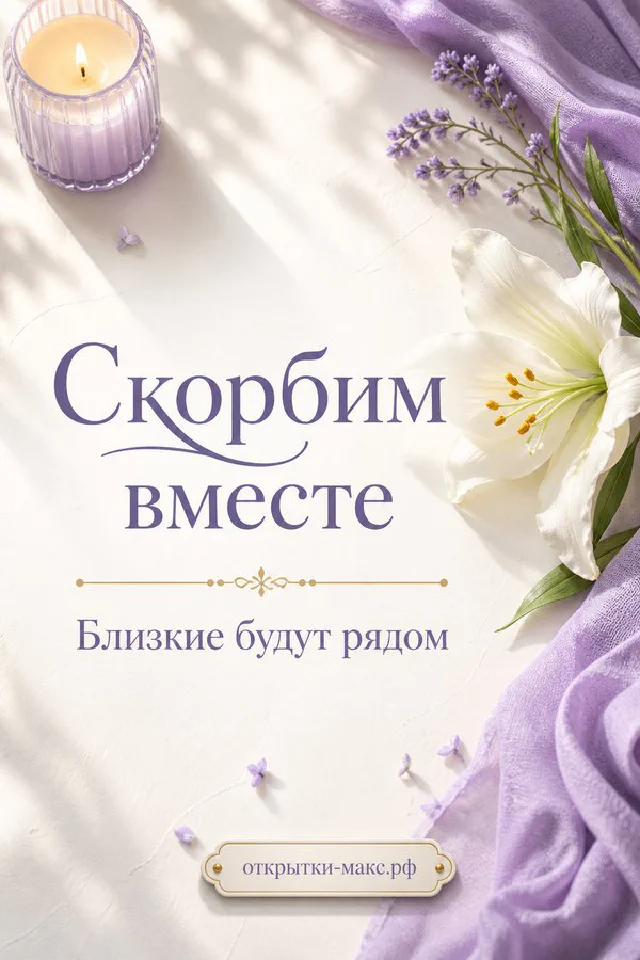 Открытка соболезнования «Скорбим вместе» с белой горящей свечой, белым цветком и лиловой лентой на светлом фоне — вариант 8