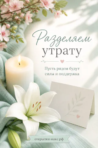 Белая лилия и свеча на зелёном фоне с розовыми ветками сакуры и конвертом
