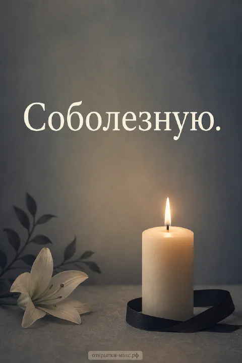 Горящая белая свеча и лилия на тёмном фоне с надписью «Соболезную»