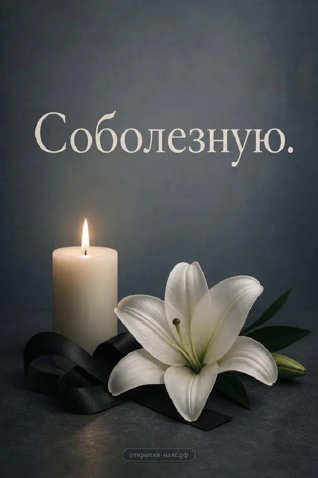 Горящая белая свеча и лилия на тёмном фоне с надписью «Соболезную» — вариант 3
