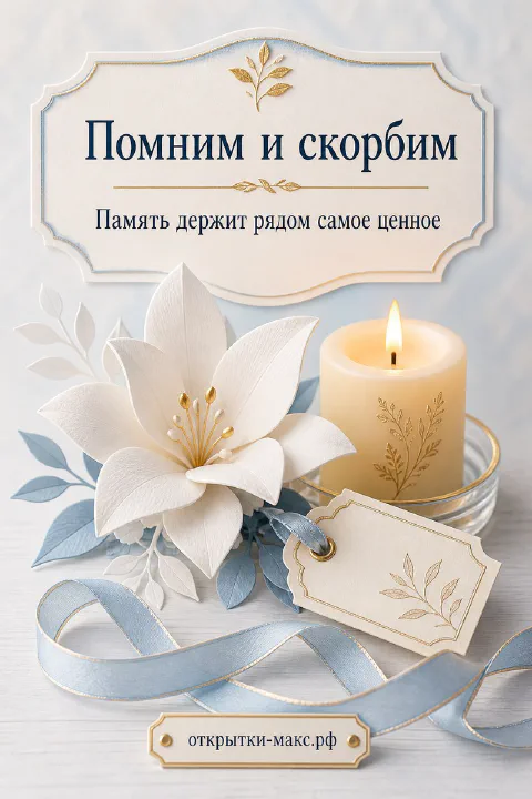 Белая лилия и горящая свеча в серебристом подсвечнике на голубом фоне с надписью «Помним и скорбим»