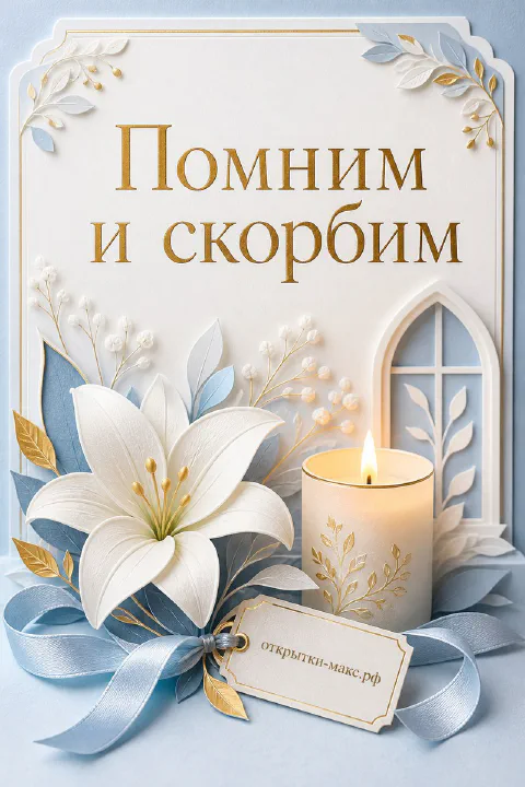 Белая лилия и горящая свеча на голубом фоне с золотыми листьями и надписью «Помним и скорбим»