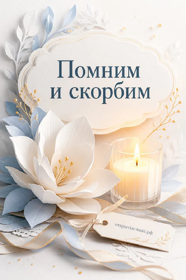 Белая лилия и горящая свеча на голубом фоне с золотыми листьями и надписью «Помним и скорбим» — вариант 2