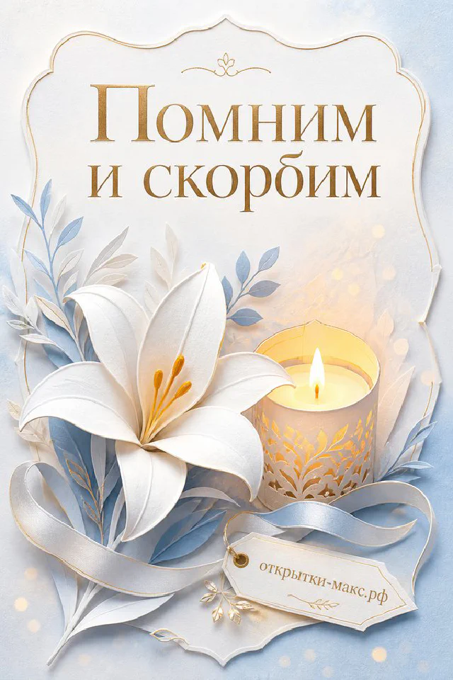 Белая лилия и горящая свеча на голубом фоне с золотыми листьями и надписью «Помним и скорбим» — вариант 4