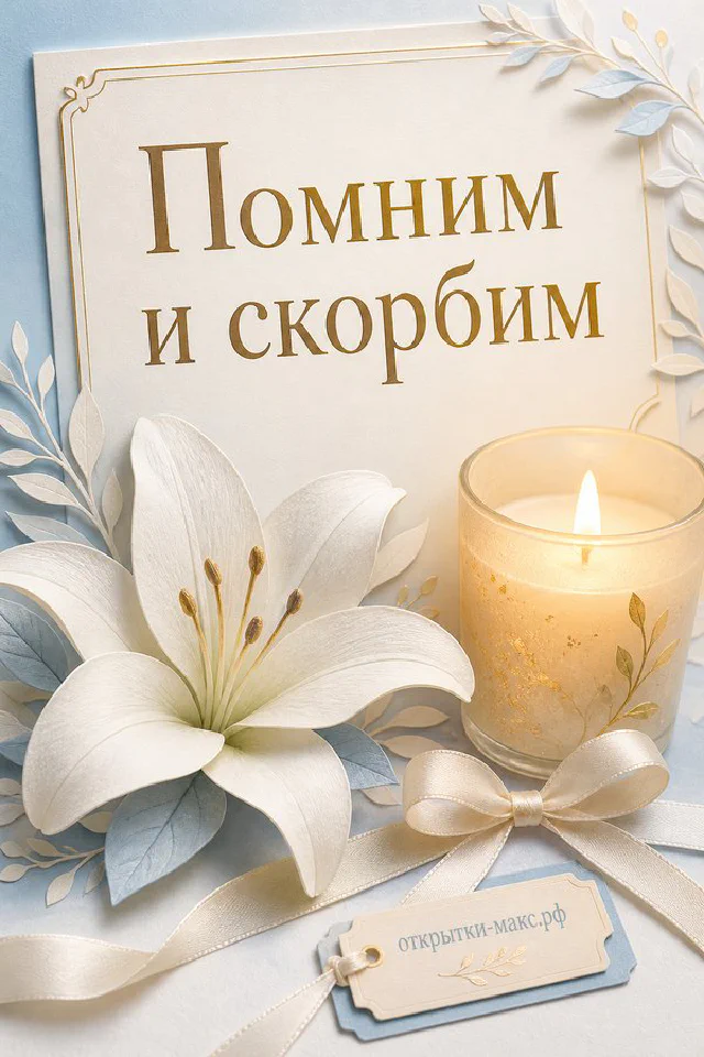 Белая лилия и горящая свеча на голубом фоне с золотыми листьями и надписью «Помним и скорбим» — вариант 5
