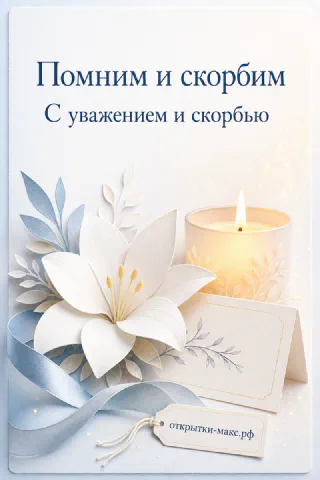Бумажная белая лилия и горящая свеча на голубом фоне с надписью Помним и скорбим