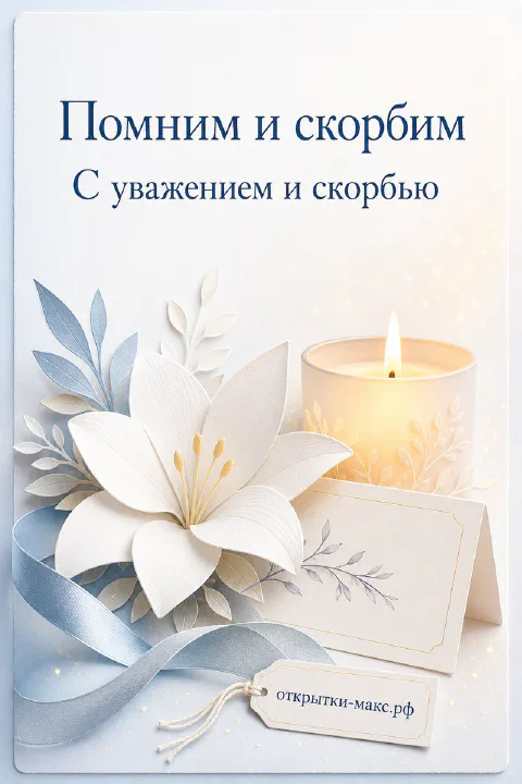Бумажная белая лилия и горящая свеча на голубом фоне с надписью Помним и скорбим