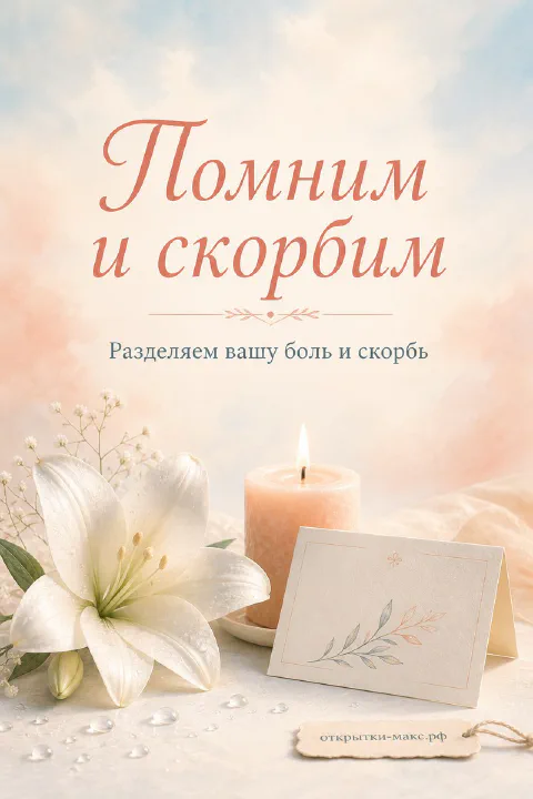 Белая лилия и горящая свеча на персиковом фоне с надписью Помним и скорбим