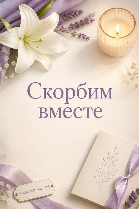 Белая лилия, лаванда и горящая свеча на светлом фоне с надписью Скорбим вместе