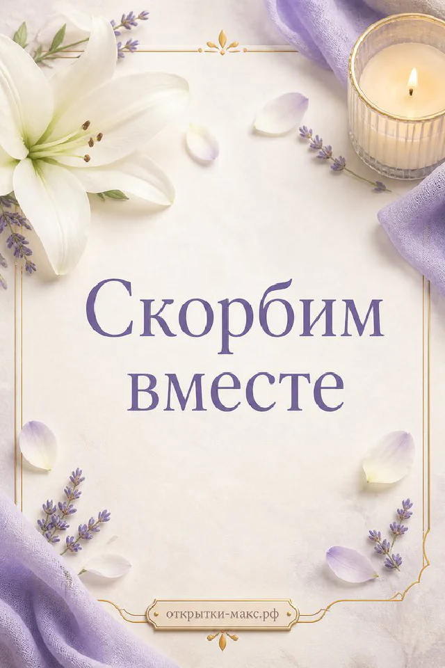 Белая лилия, лаванда и горящая свеча на светлом фоне с надписью Скорбим вместе — вариант 2