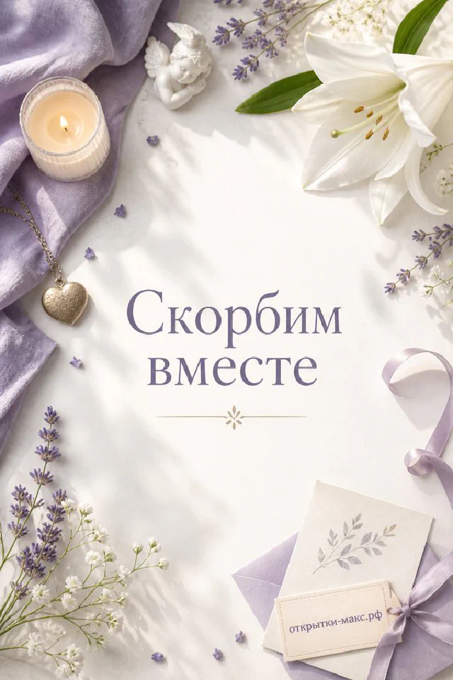 Белая лилия, лаванда и горящая свеча на светлом фоне с надписью Скорбим вместе — вариант 3