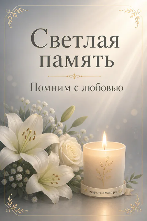 Белые лилии и розы с горящей свечой на сером фоне с надписью Светлая память
