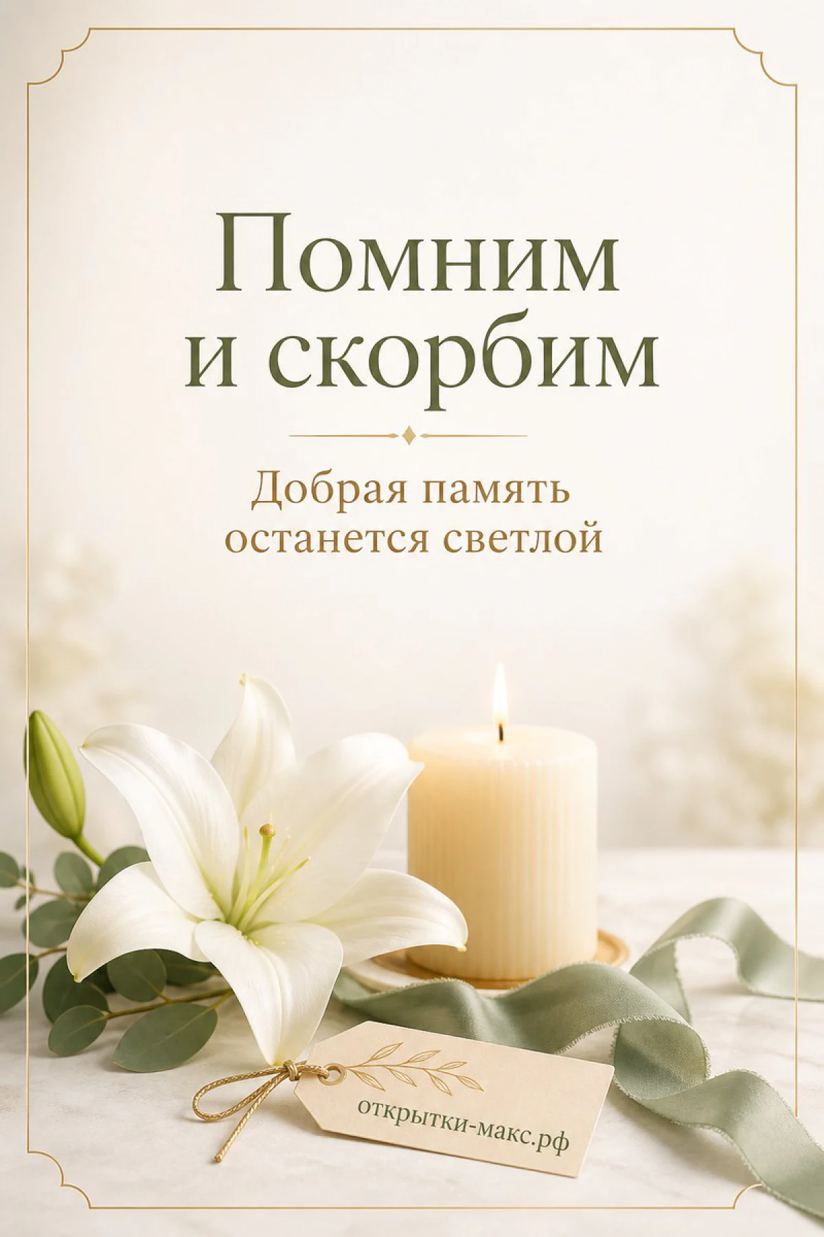 Белая лилия и горящая свеча рядом с зелёной лентой и биркой на светлом фоне