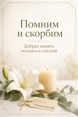Белая лилия и горящая свеча рядом с зелёной лентой и биркой на светлом фоне