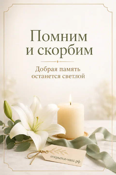 Белая лилия и горящая свеча рядом с зелёной лентой и биркой на светлом фоне