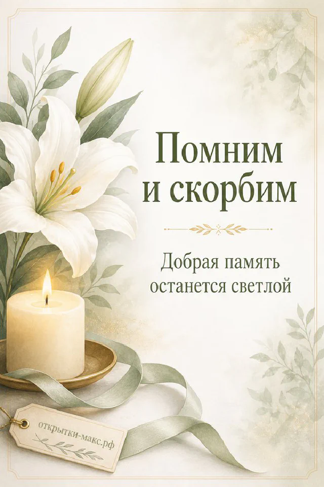 Белая лилия и горящая свеча рядом с зелёной лентой и биркой на светлом фоне — вариант 2