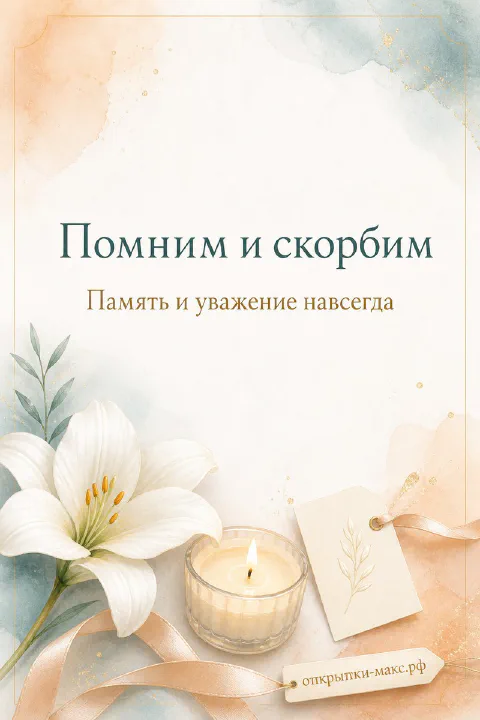 Белая лилия и горящая свеча на акварельном фоне с надписью «Помним и скорбим»