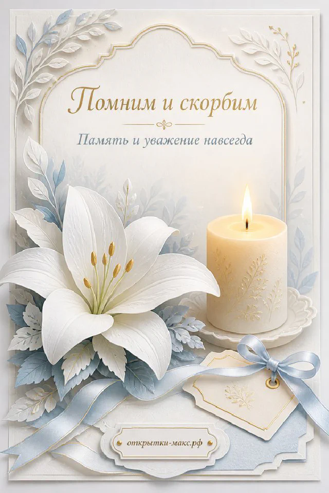 Белая лилия и горящая свеча на акварельном фоне с надписью «Помним и скорбим» — вариант 2