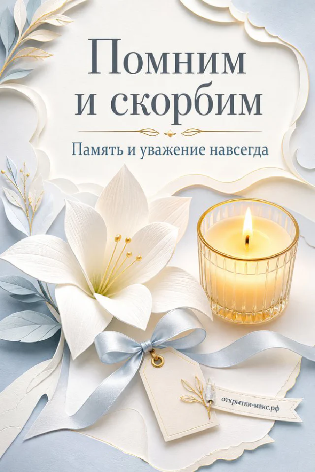 Белая лилия и горящая свеча на акварельном фоне с надписью «Помним и скорбим» — вариант 3