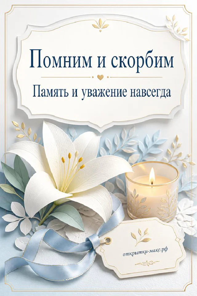 Белая лилия и горящая свеча на акварельном фоне с надписью «Помним и скорбим» — вариант 4