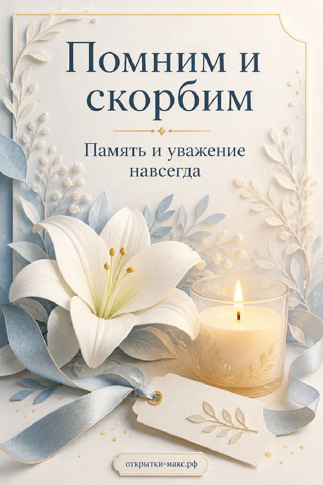 Белая лилия и горящая свеча на акварельном фоне с надписью «Помним и скорбим» — вариант 5
