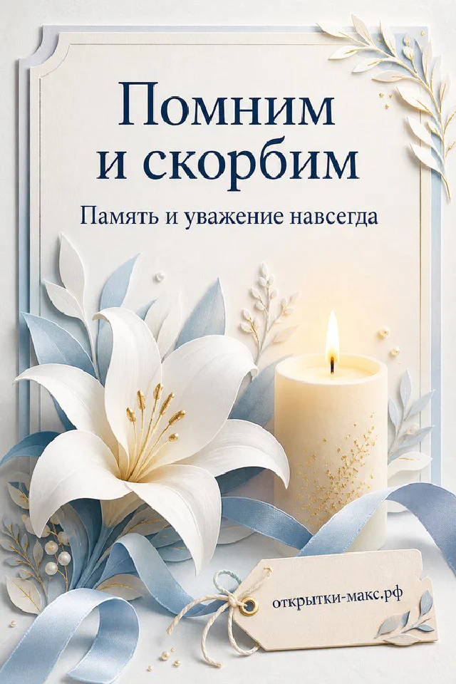Белая лилия и горящая свеча на акварельном фоне с надписью «Помним и скорбим» — вариант 6