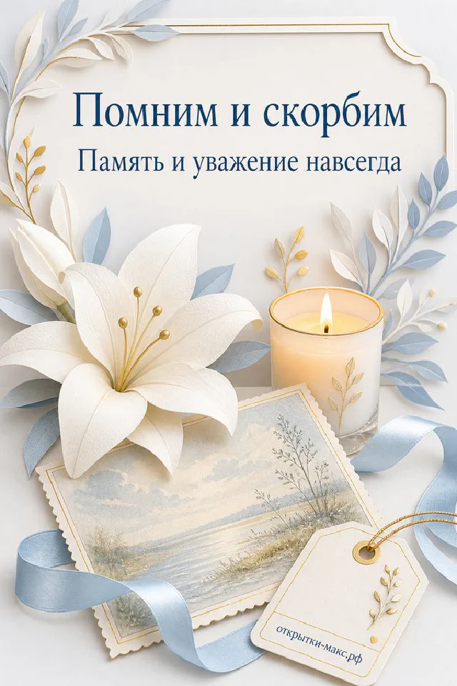 Белая лилия и горящая свеча на акварельном фоне с надписью «Помним и скорбим» — вариант 7
