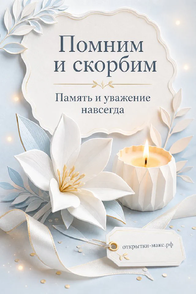 Белая лилия и горящая свеча на акварельном фоне с надписью «Помним и скорбим» — вариант 8