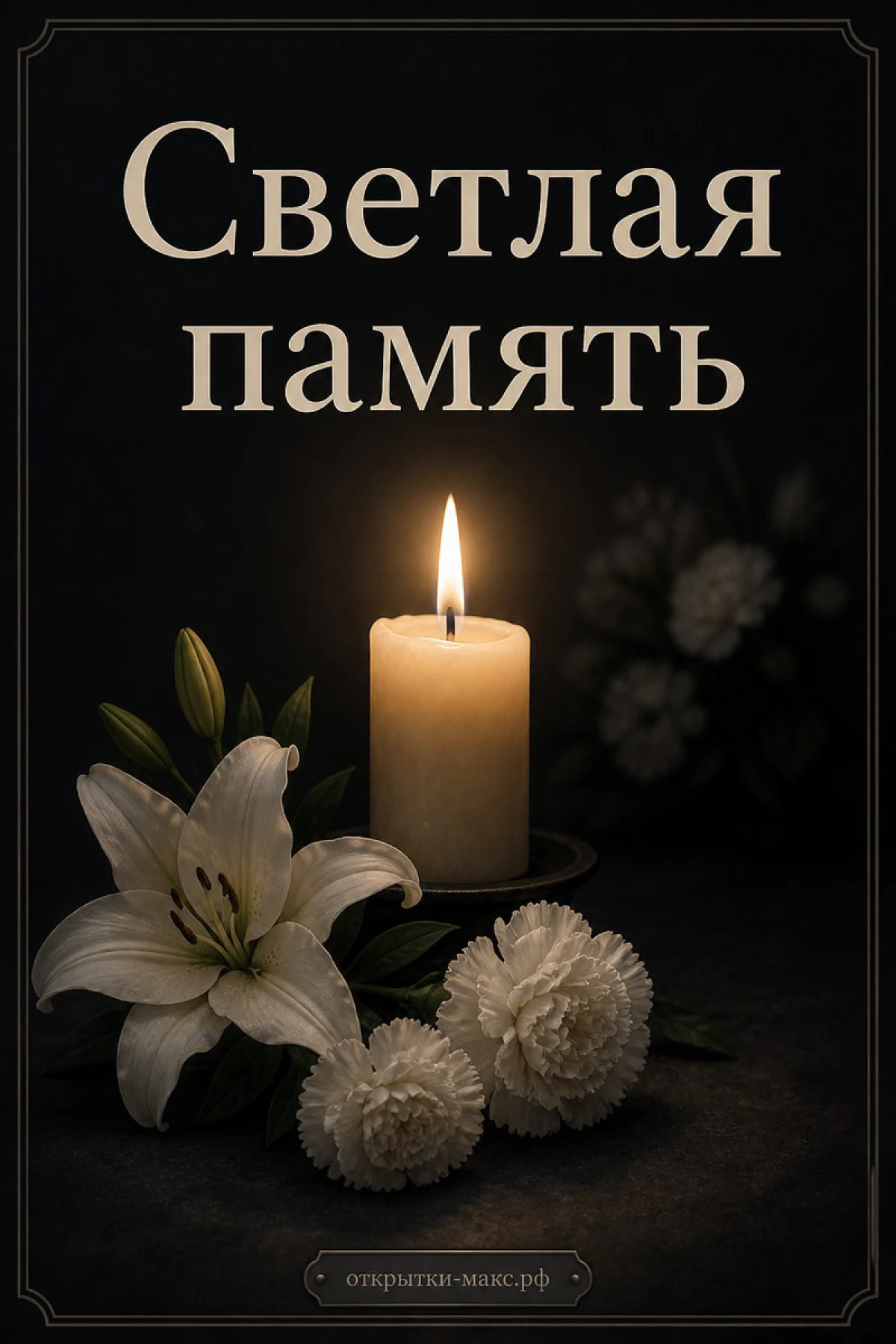 Горящая свеча, белая лилия и гвоздики на тёмном фоне с надписью Светлая память