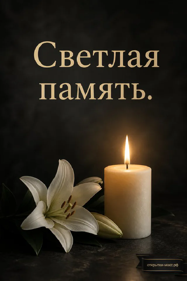 Горящая свеча, белая лилия и гвоздики на тёмном фоне с надписью Светлая память — вариант 2
