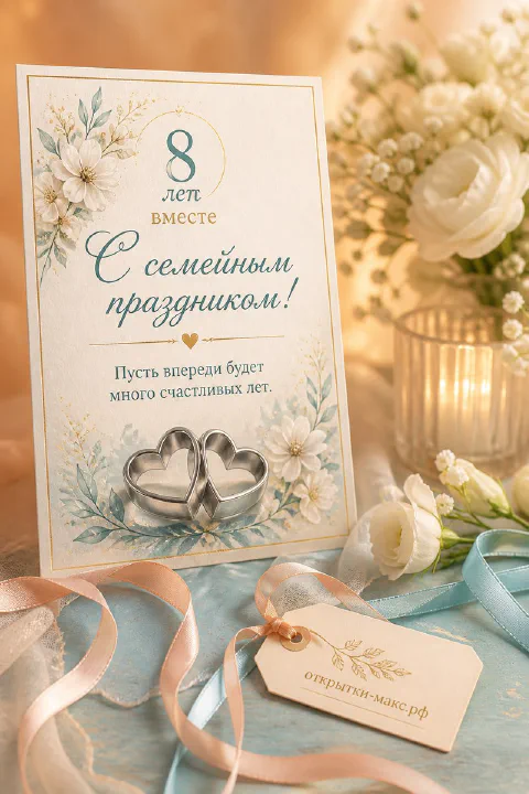 Открытка с двумя обручальными кольцами-сердцами и надписью «8 лет вместе — С семейным праздником»