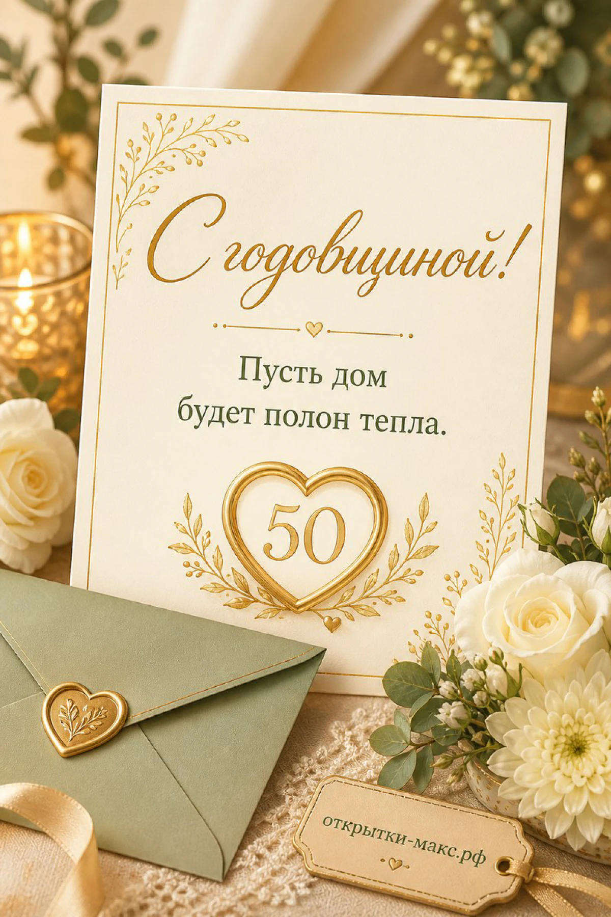Открытка с цифрой 50 в золотом сердце, белые розы и хризантемы на светлом фоне
