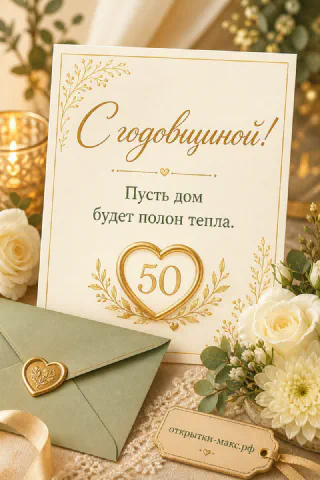 Открытка с цифрой 50 в золотом сердце, белые розы и хризантемы на светлом фоне