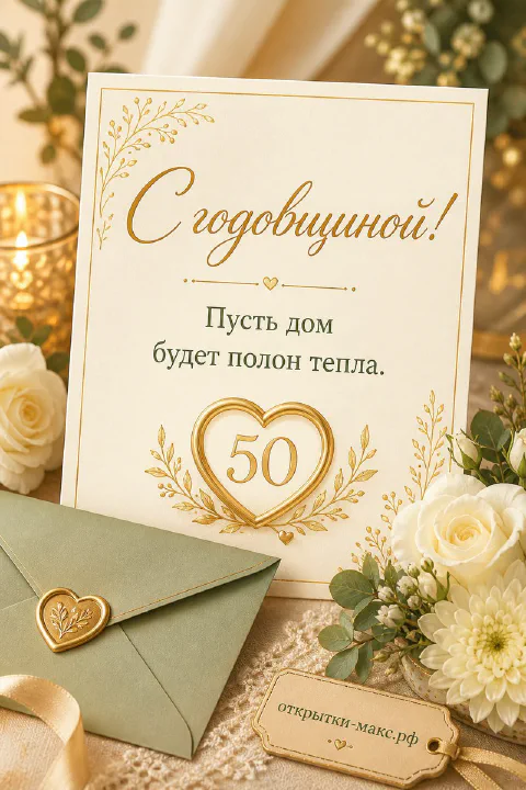 Открытка с цифрой 50 в золотом сердце, белые розы и хризантемы на светлом фоне
